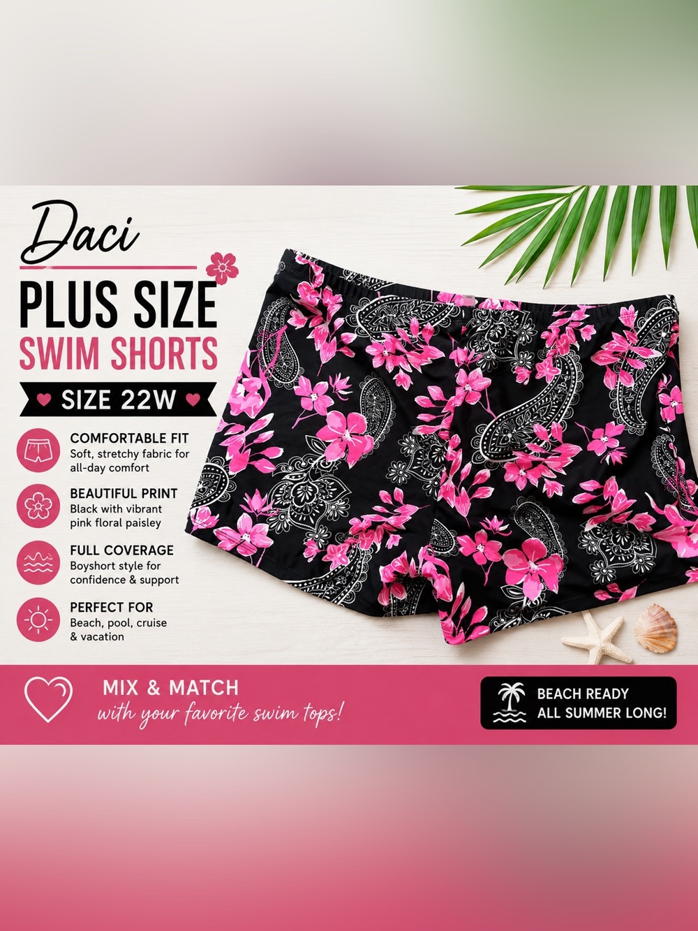 Daci Plus Size Floral Paisley Swim Shorts Black Pink Size 22W